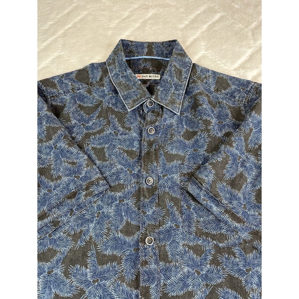 32 Bar Blues Linen Shirt Mens (M) Gray Blue Short Sleeve Floral Button Up